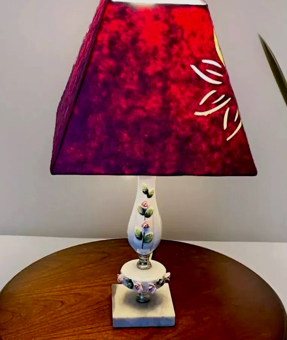 Floral Lamp With Pink Shade & Marble 3" Base 17" Tall
